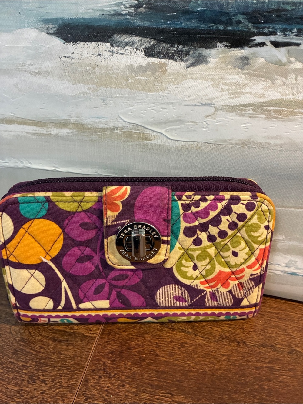 Vera Bradley Purple Floral Quilted Turnlock Wallet with Teal & Yellow Accents